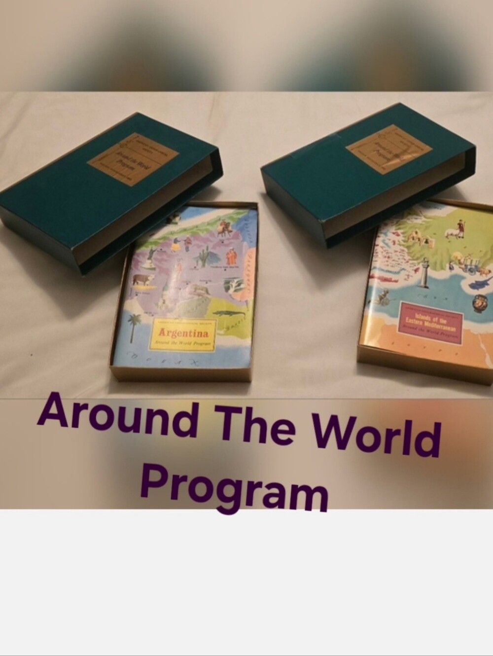 American Geographical Society Around The World Program 10 Booklets 2 Boxes Vtg
